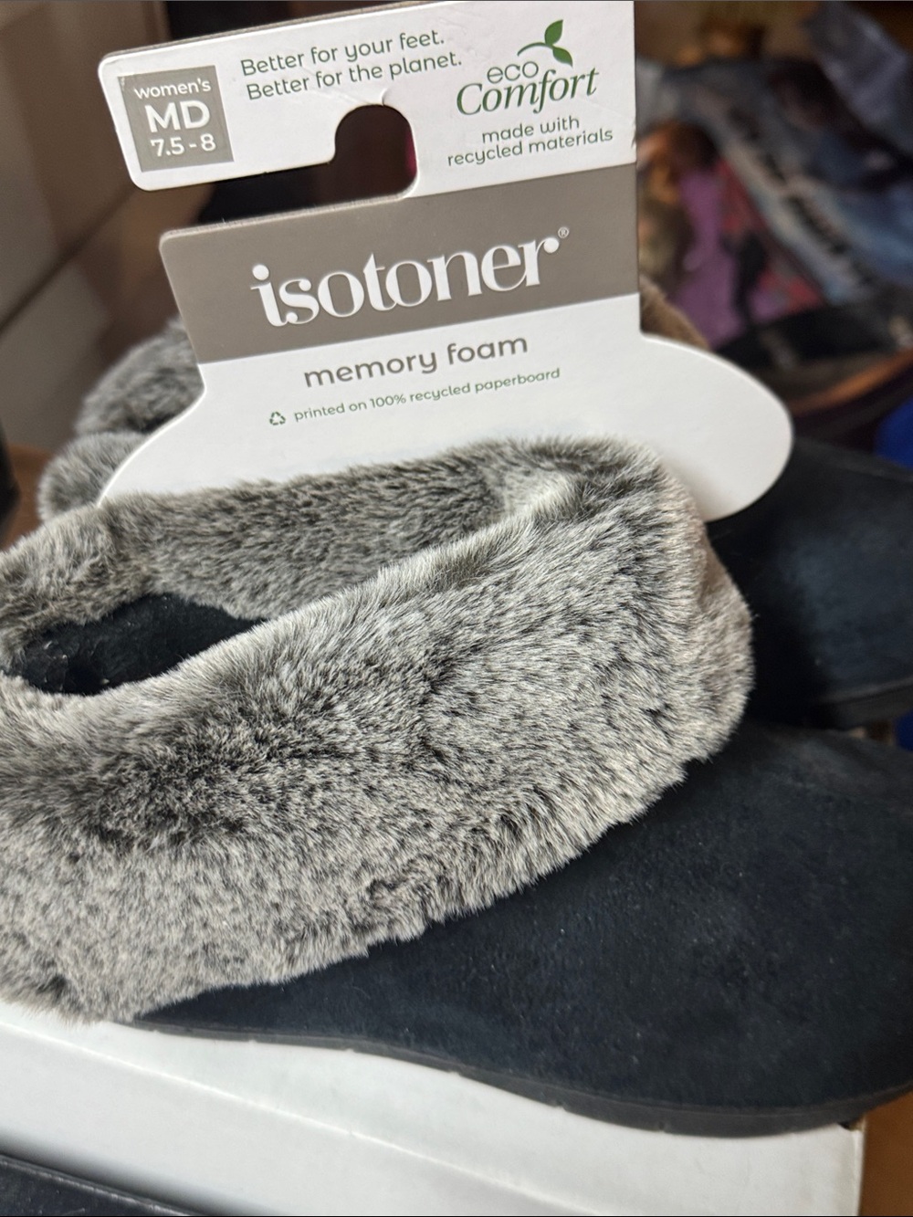 isotoner Gray Faux-Fur Memory Foam Slip-On Slippers